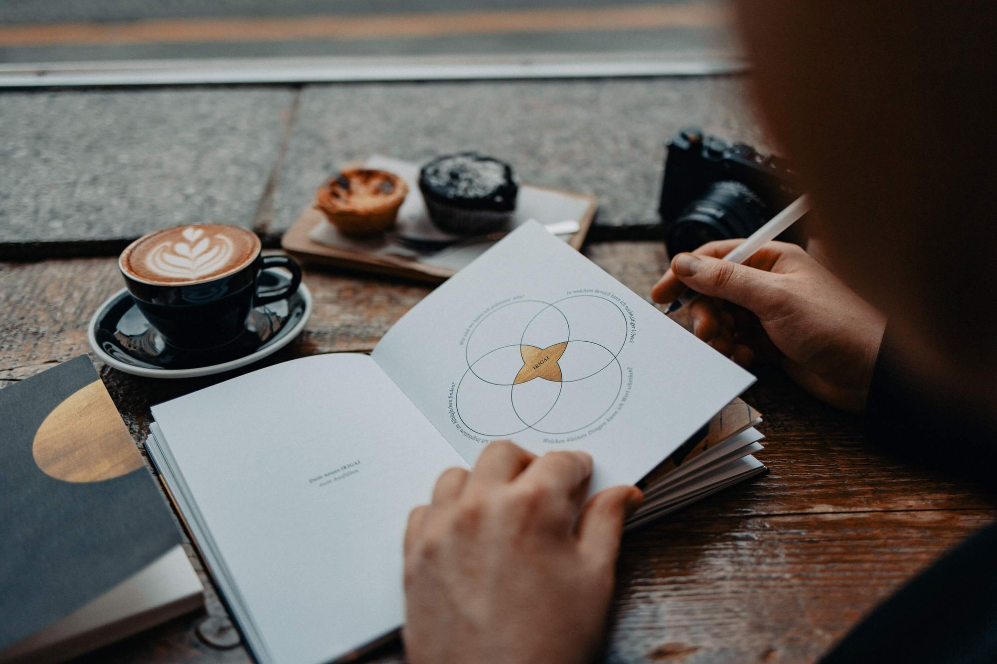 person writing on an ikigai journal